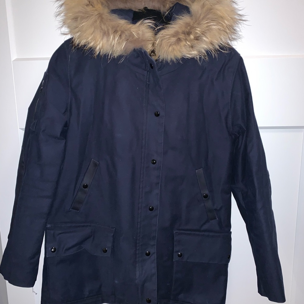 Navy fox fur and down winter parka